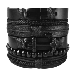 Pulseiras Masculinas All Black 6un Âncora Cruz Couro #6104 - comprar online