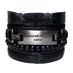 Pulseiras All Black 5un Couro Cruz Livrai-me Do Mal Amém #62 - comprar online