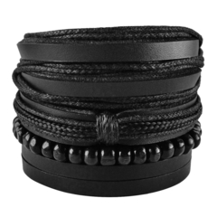 Pulseiras Masculinas 4un All Black Couro Madeira #888 - comprar online