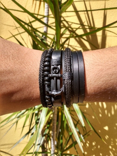 Pulseiras Masculinas 5un All Black Âncora Preta Couro #21187 na internet