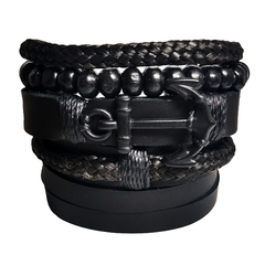 Pulseiras Masculinas 5un All Black Âncora Preta Couro #21187