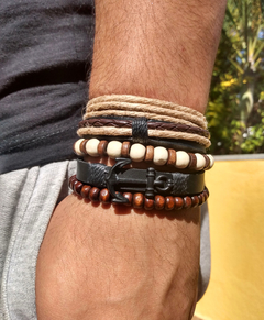 Pulseiras Masculinas 5un Âncora Couro Tons Da Natureza #9920 - comprar online