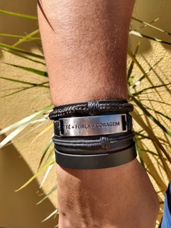 Pulseiras Fé Força E Coragem 4un Couro All Black #6099 - Topo Acessórios