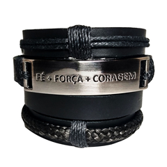 Pulseiras Fé Força E Coragem 4un Couro All Black #6099