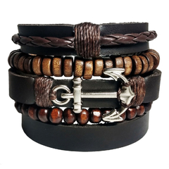 Pulseiras Masculinas 5u Marrom Madeira Âncora Couro #8879