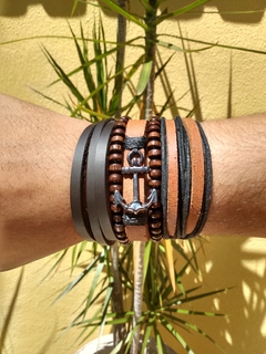 Pulseiras Masculinas 5un Âncora Couro Legítimo Madeira #6098 na internet