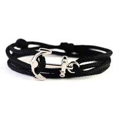 Pulseira Masculina Âncora Corda Náutica Ajustável - Preta #1123