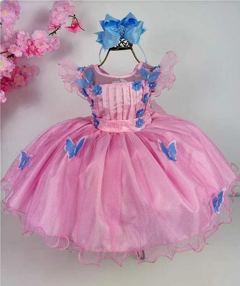 Vestido Infantil Barbie Azul Marinho Neon C/ Broche de Laço