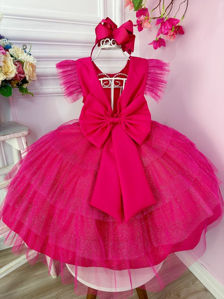 Vestido Infantil Barbie Rosa Pink Brilho Aniversário Temático