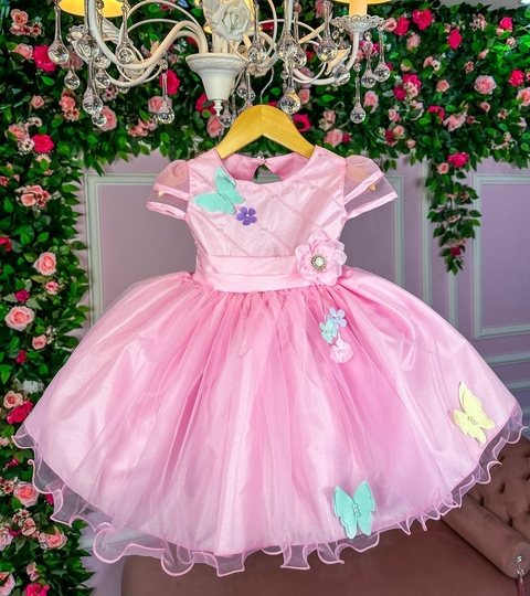 Vestido Infantil Barbie Busto Paetê Pink e Broche de Lacinho