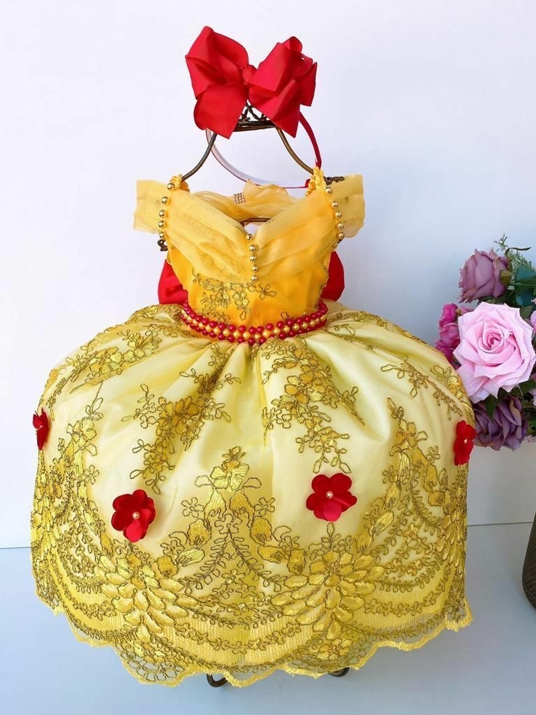 VESTIDO INFANTIL PRINCESA BELA E A FERA AMARELO C/ PÉROLAS