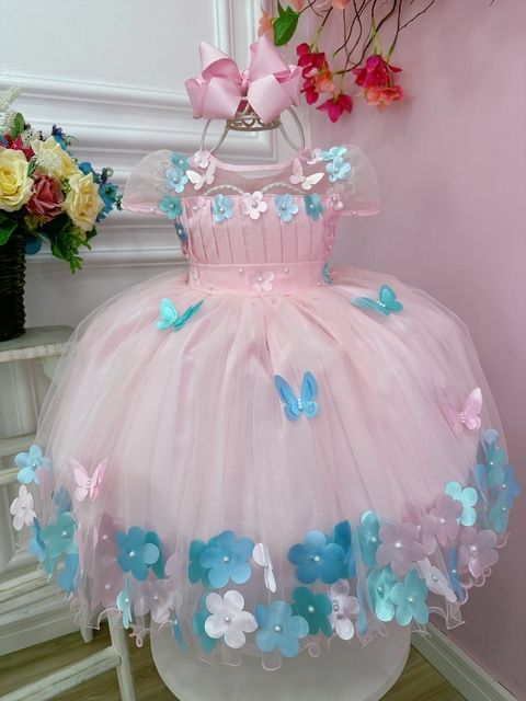 Vestido Infantil Princesa Barbie Rosa Com Aplique de Laço