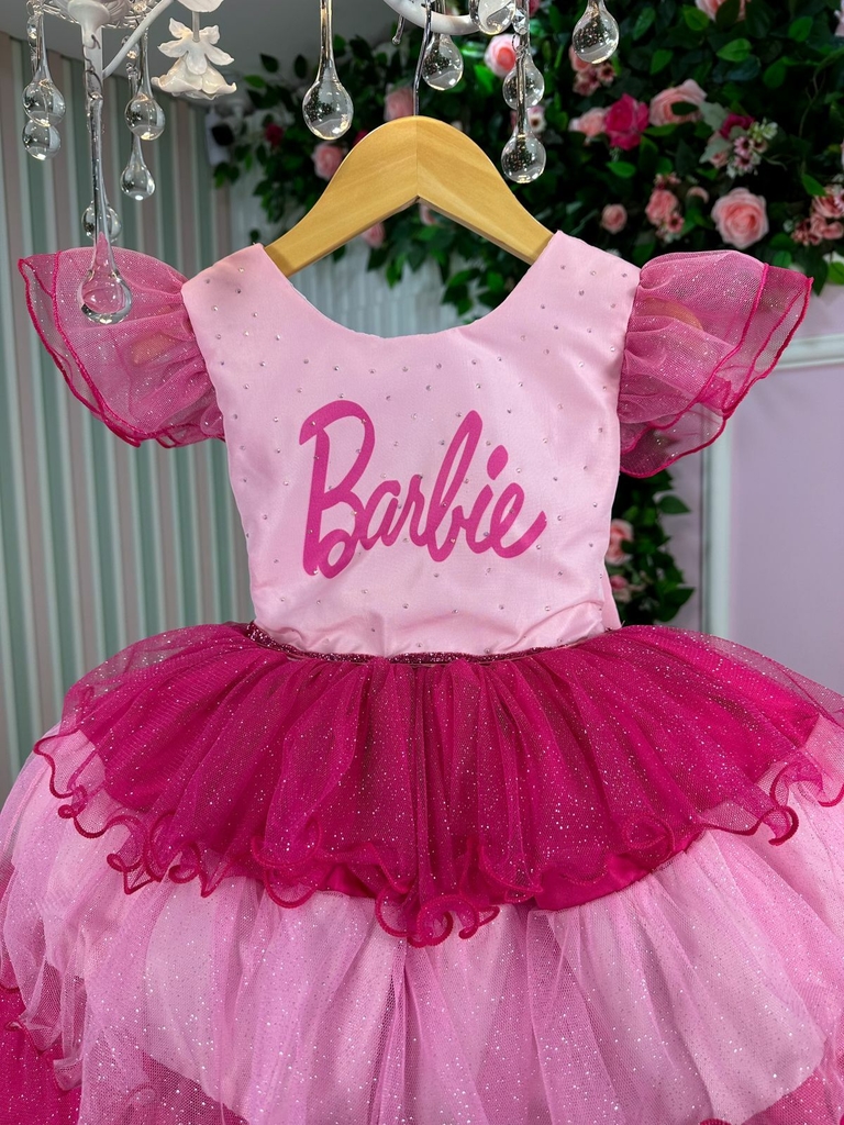 Vestido Infantil Rosa Barbie Peito Strass Glitter Luxo