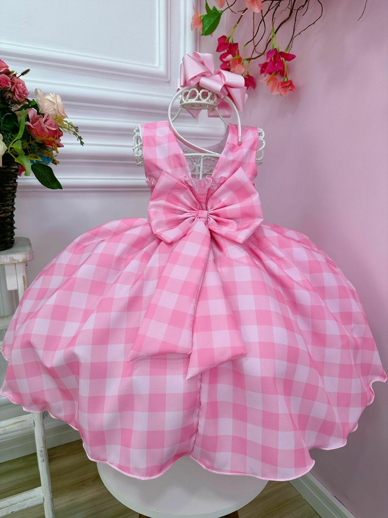 Vestido Tricoline Xadrez Rosa Barbie Core - - Amourele - Moda Infantil