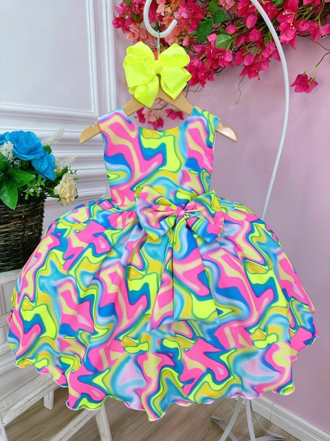 Vestido Infantil Barbie Azul Marinho Neon C/ Broche de Laço