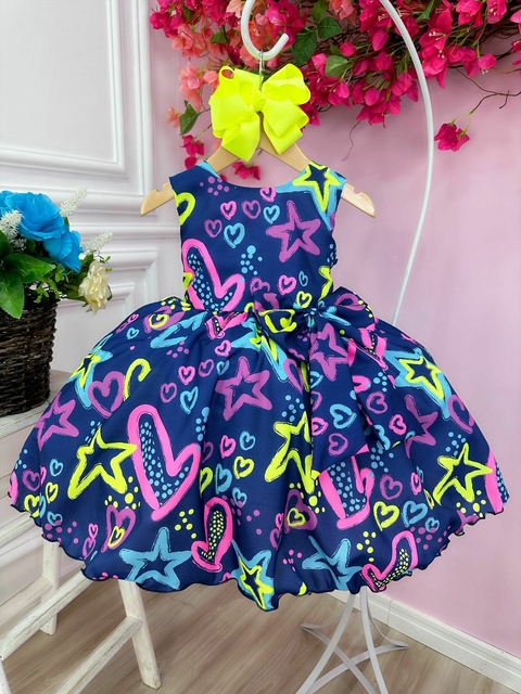 Vestido Infantil Barbie Azul Marinho Neon C/ Broche de Laço