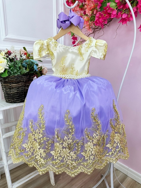 Vestido Infantil Lilás Princesa Sofia Realeza Luxo + Tiara