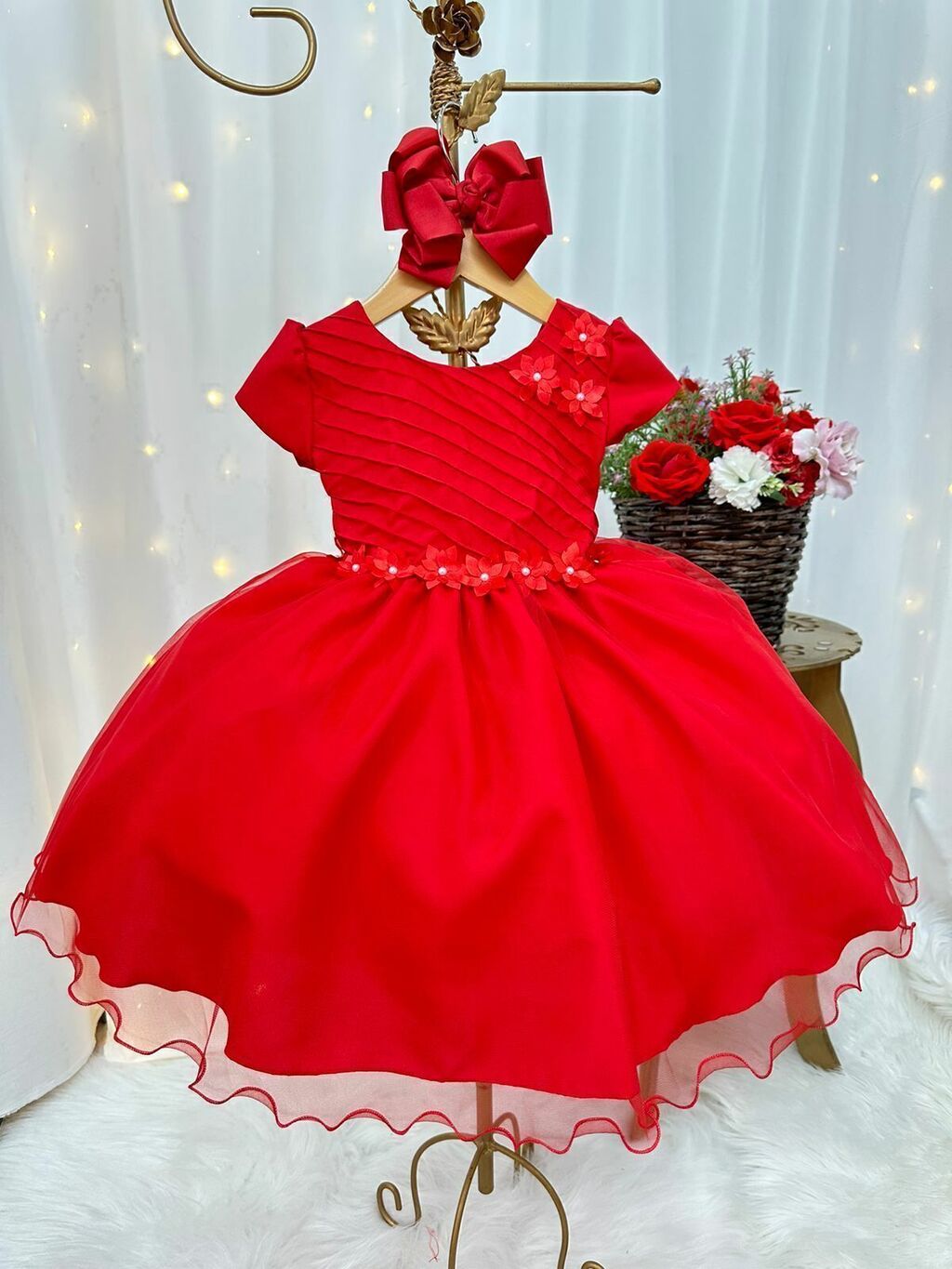 Vestido Bebê Vermelho Renda Princesa Realeza Laço Babados