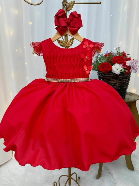 Vestido Bebê Vermelho Renda Princesa Realeza Laço Babados