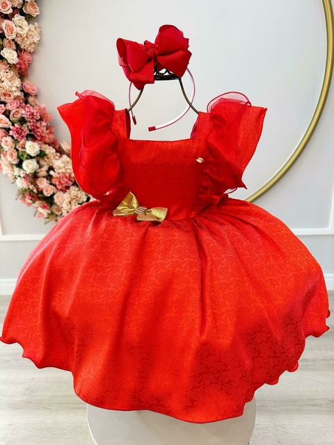 Vestido Bebê Vermelho Renda Princesa Realeza Laço Babados