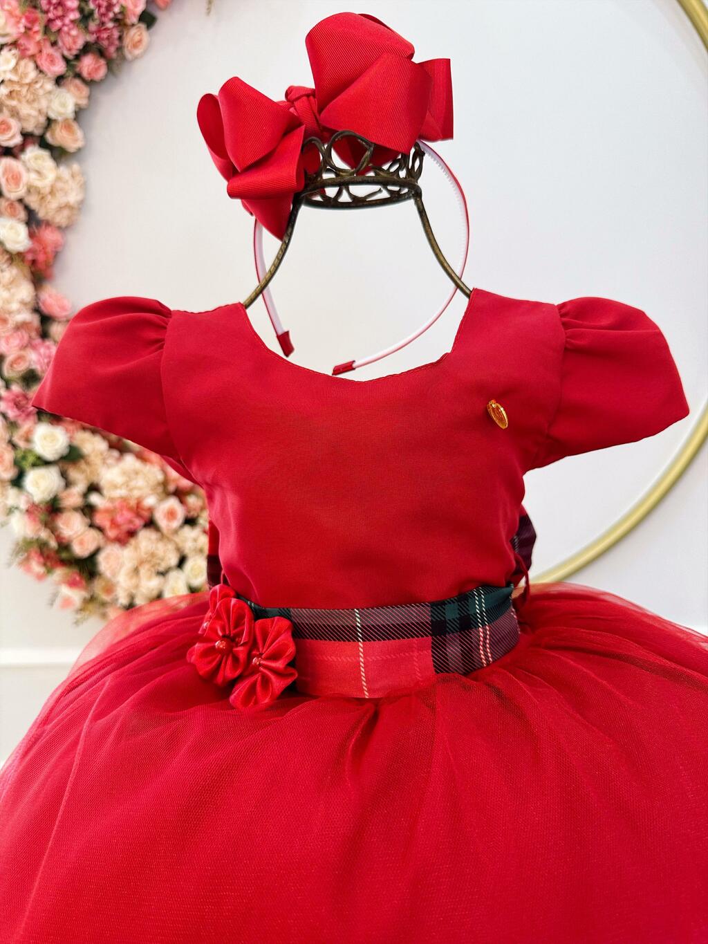 Natal 2023 Vestido Regatinha Xadrez Vermelho com Laços Pretos