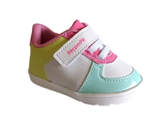 TENIS INF. FEM. FEM BEBÊ PÉ COM PÉ BRANCO ROSA VERDE