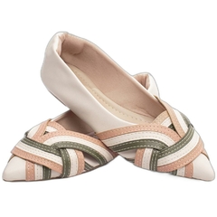 Sapatilha Feminina Bico Fino Sofisticacao em Napa Off White Verde e Rose - comprar online