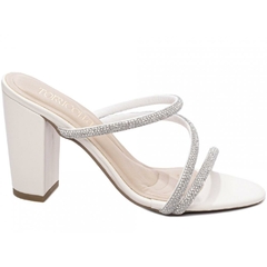 Tamanco Salto Grosso 8.5cm Luxo Classico com Strass Prata Off White