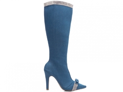 Bota Bico Fino Feminina Cano Alto Salto 10cm Jeans Azul - loja online