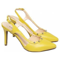 Scarpin Luxo Salto 9.5cm Fino Cone com Enfeite Dourado Amarelo - Calçadospravc | Comprar Calçados Femininos Online | Comprar Scarpins