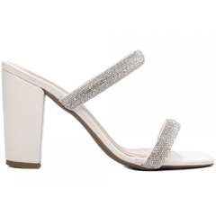 Tamanco Salto Grosso 8.5cm Elegancia Pura em Off White e Strass Prata - loja online