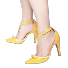 Scarpin Luxo e Glamour Salto Fino 9cm Com Perolas em ABS Amarelo