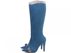 Bota Bico Fino Feminina Cano Alto Salto 10cm Jeans Azul - comprar online