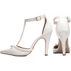 Scarpin Luxo e Glamour Salto Fino 9cm Com Perolas em ABS Off White - comprar online