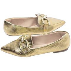 Sapatilha Mocassim Feminino Bico Fino Sofisticacao em Napa Lezard Dourado