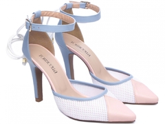Scarpin Innovation Salto 9cm Fino em Cone Azul Rosa e Branco - Calçadospravc | Comprar Calçados Femininos Online | Comprar Scarpins