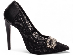 Sapato Scarpin Salto 12 | Glamour e Sofisticação em Napa e Tecido Preto - loja online
