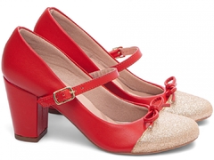 Sapato Boneca Mary Jane | Glamour e Conforto em Napa Vermelho com Glitter Ouro Light - Calçadospravc | Comprar Calçados Femininos Online | Comprar Scarpins