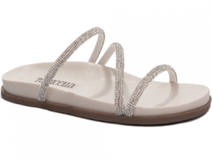 Sandália Papete Birken: Manta Strass Off White | Apliques Prata | Vc + Linda ainda em Off White | Solado Bege