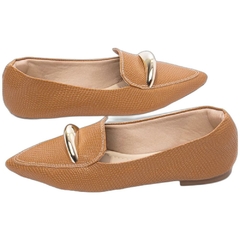 Sapatilha Mocassim Feminino Bico Fino Estilo Sofisticado em Napa Lezard Caramelo