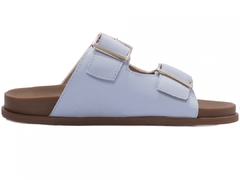 Sandália Papete Birken: Napa Azul | Fivelas Prata | Vc + Linda ainda em Bege | Qualidade Torricella - Calçadospravc | Comprar Calçados Femininos Online | Comprar Scarpins