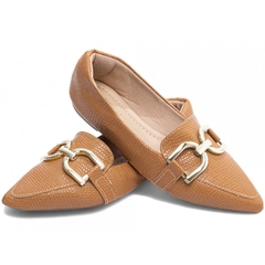 Sapatilha Mocassim Feminino Bico Fino Elegancia Atemporal em Napa Lezard Caramelo - comprar online