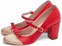 Sapato Boneca Mary Jane | Glamour e Conforto em Napa Vermelho com Glitter Ouro Light na internet