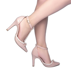 Scarpin Luxo e Glamour Salto 9cm Fino Com Perolas em ABS Rose