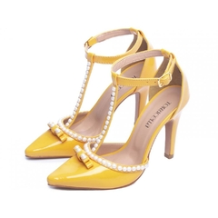 Scarpin Luxo e Glamour Salto Fino 9cm Com Perolas em ABS Amarelo na internet