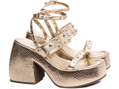 Anabela Feminina: Napa Dourado, Fivela Prata, Plataforma 11cm - Coleção Verão - Calçadospravc | Comprar Calçados Femininos Online | Comprar Scarpins