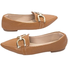 Sapatilha Mocassim Feminino Bico Fino Elegancia Atemporal em Napa Lezard Caramelo