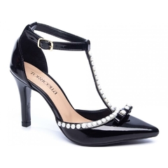 Scarpin Luxo e Glamour Salto Fino 9cm Com Perolas em ABS Preto