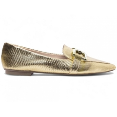 Sapatilha Mocassim Feminino Bico Fino Sofisticacao em Napa Lezard Dourado