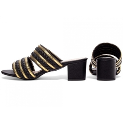 Sandalia Tamanco Preto e Dourado Salto 5cm Antiderrapante - comprar online